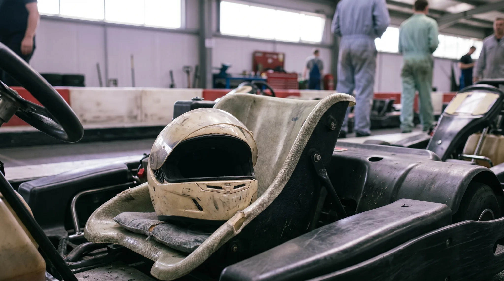 Behandschuhte Hände am Lenkrad eines Gokarts auf einer Kartbahn in Köln