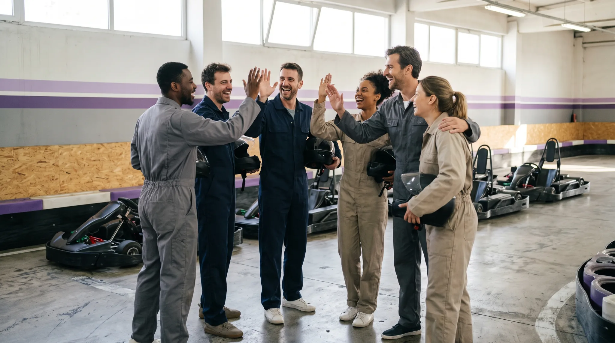 Gruppe fährt Gokart-Rennen auf einer Kartbahn in Köln