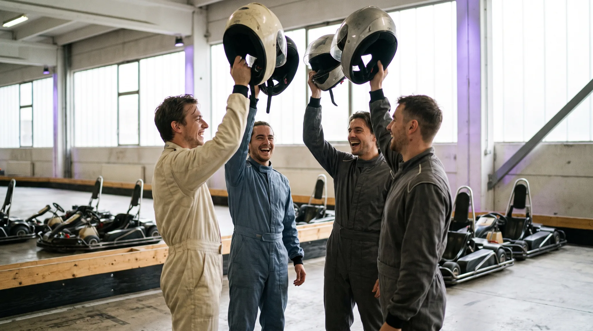 Gruppe fährt ein Gokart-Rennen auf einer Kartbahn bei Siegburg
