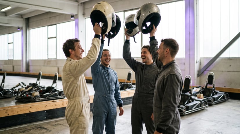 Gruppe fährt ein Gokart-Rennen auf einer Kartbahn bei Siegburg