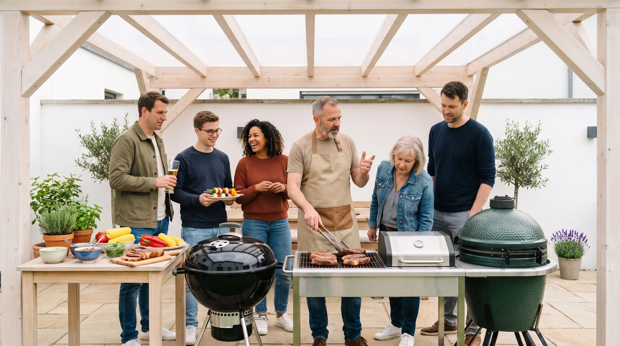 Grillkurs im hellen Innenhof einer Grillschule: Ein Grillmeister mit grauem Bart wendet Steaks auf dem Rost und erklärt, um ihn stehen sechs Teilnehmende an Kugelgrill, Gasgrill und Keramikgrill, eine Frau lacht, ein junger Mann hält Gemüsespieße