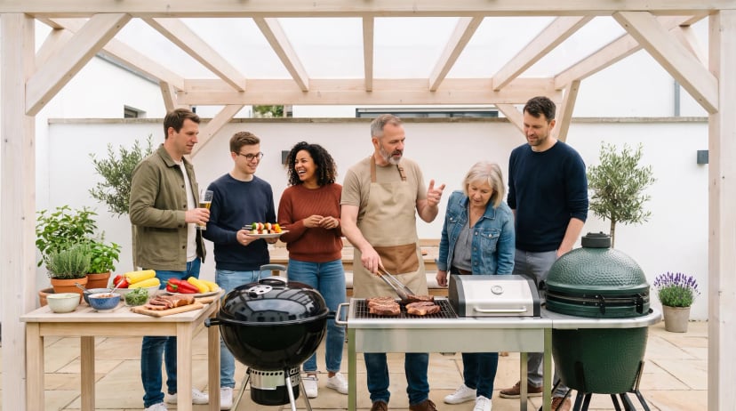 Grillkurs im hellen Innenhof einer Grillschule: Ein Grillmeister mit grauem Bart wendet Steaks auf dem Rost und erklärt, um ihn stehen sechs Teilnehmende an Kugelgrill, Gasgrill und Keramikgrill, eine Frau lacht, ein junger Mann hält Gemüsespieße