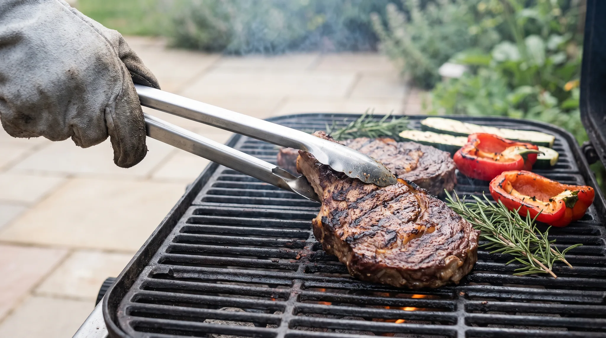 Hand im Grillhandschuh wendet mit einer Grillzange ein Ribeye-Steak auf dem Gusseisenrost, daneben ein zweites Steak, gegrillte Paprika, Zucchini und Rosmarin