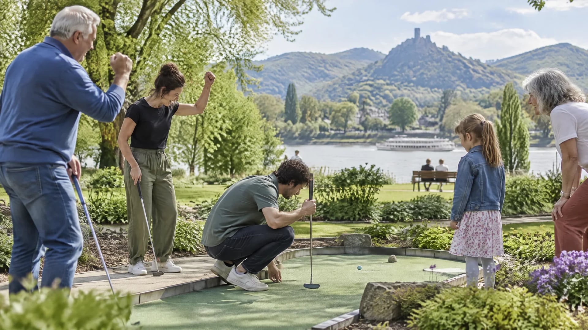 Gruppenaktivitäten Bonn: Familie und Freunde spielen Minigolf in einem grünen Park am Rhein, im Hintergrund das Siebengebirge mit dem Drachenfels
