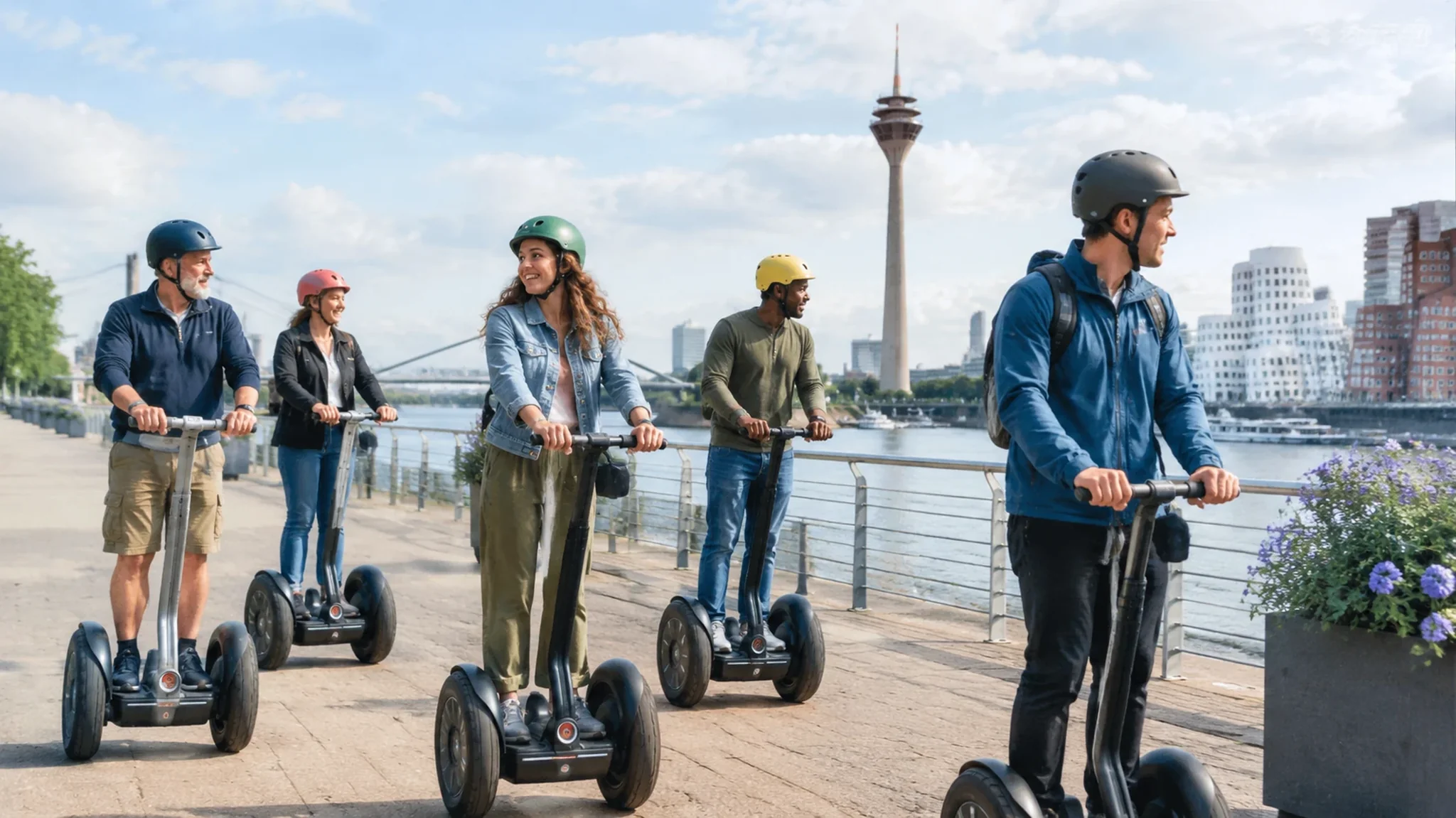 Gruppenaktivitäten Düsseldorf: Eine Gruppe fährt auf Segways über die Rheinuferpromenade, im Hintergrund Rheinturm und Medienhafen