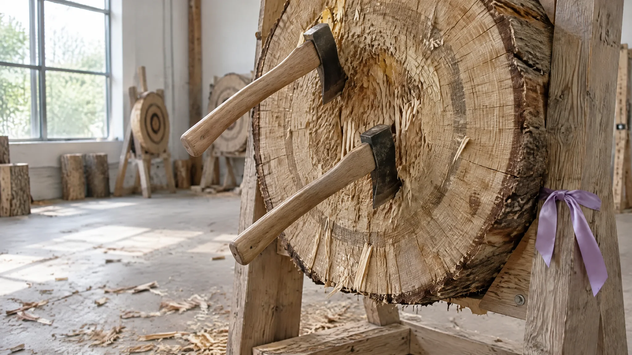 Gruppenaktivitäten in Köln: Wurfäxte stecken in einer Zielscheibe aus Holz in einer hellen Axtwurf-Halle