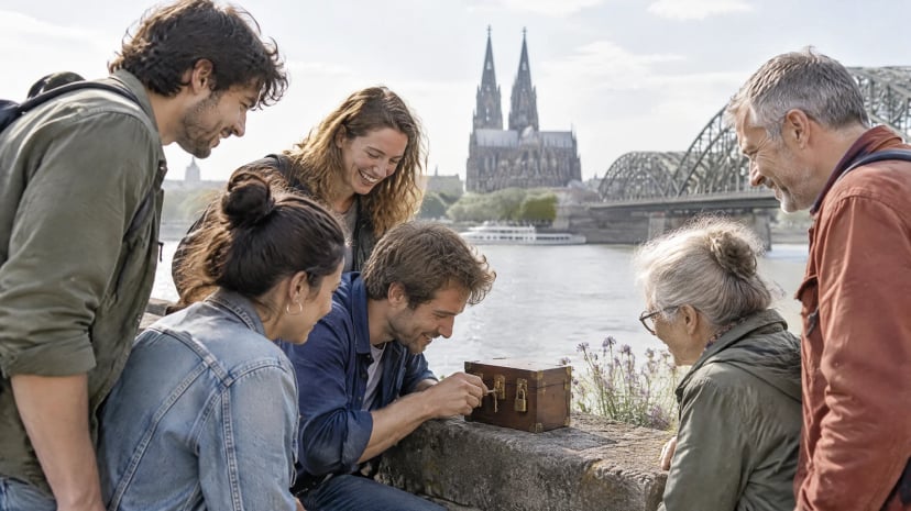 Gruppenaktivitäten Köln: Freunde lösen am Rheinufer in Deutz ein Rätsel an einer Holzkiste mit Schlössern, im Hintergrund Dom und Hohenzollernbrücke