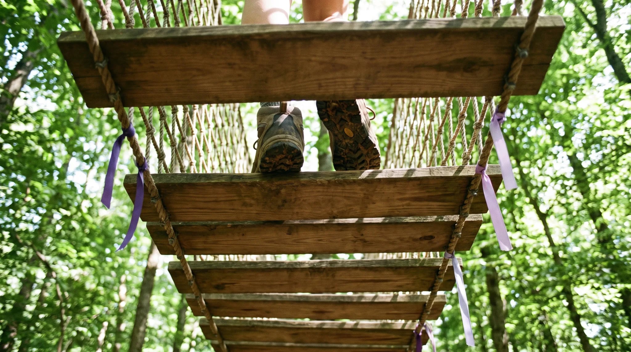 Zipline-Rolle und Karabiner am Stahlseil hoch im Wald bei Bonn