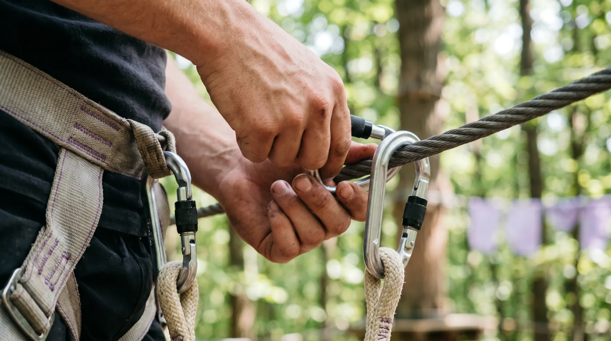 Zipline-Rolle und Karabiner am Stahlseil hoch im Wald bei Düsseldorf