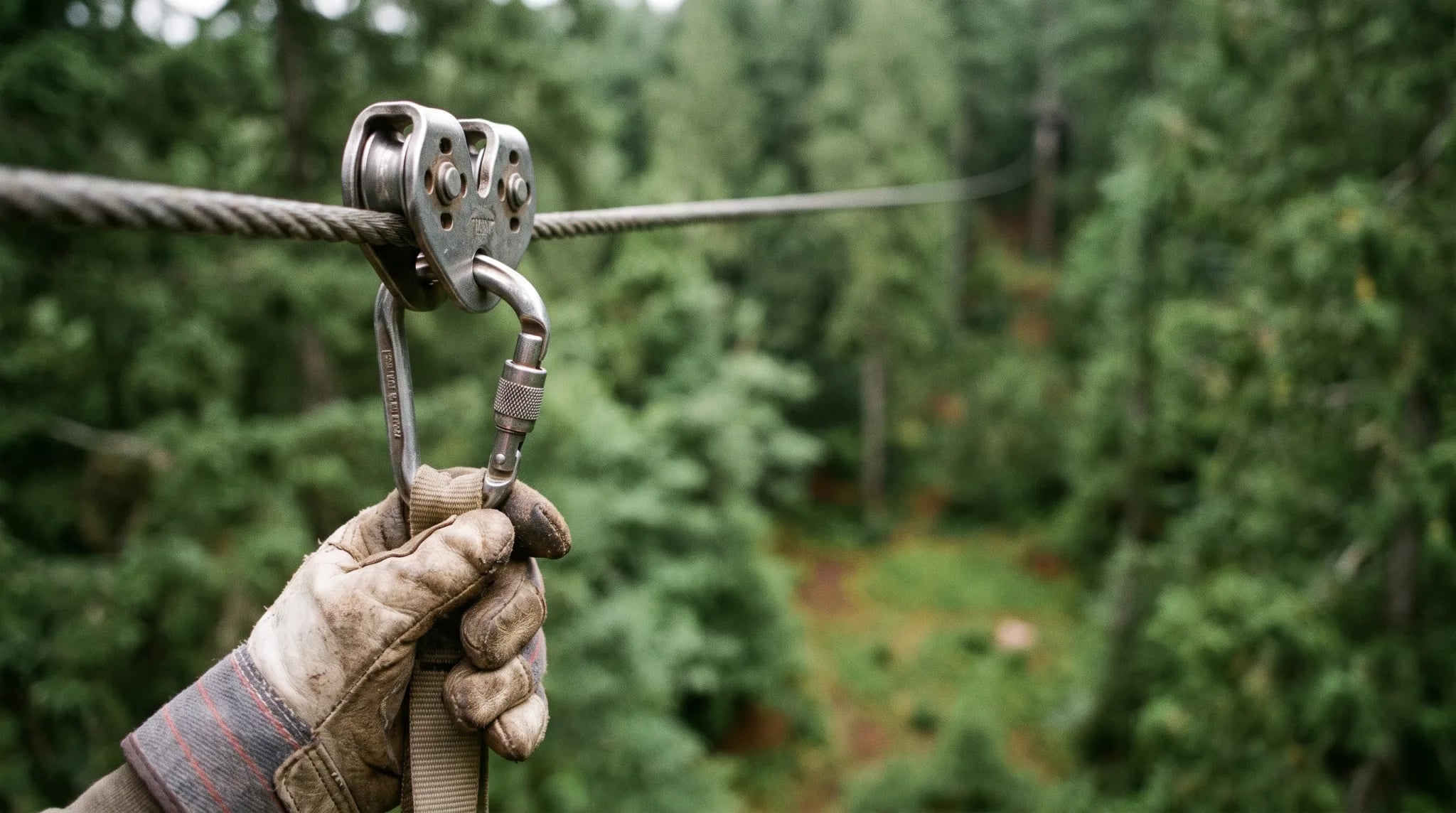 Zipline-Rolle und Karabiner am Stahlseil hoch im Wald