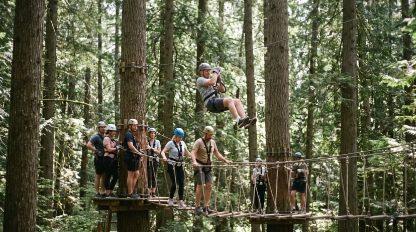 Gruppe im Hochseilgarten, eine Person an der Seilrutsche zwischen den Bäumen
