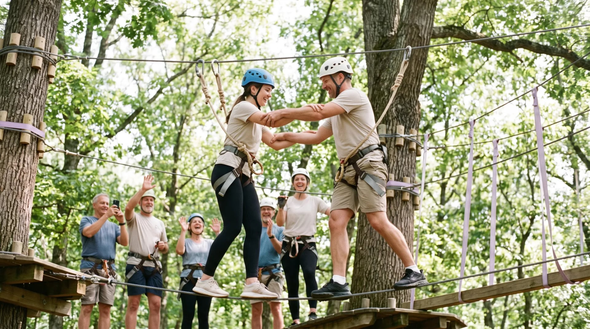 Gruppe im Hochseilgarten bei Köln, eine Person an der Zipline zwischen den Bäumen