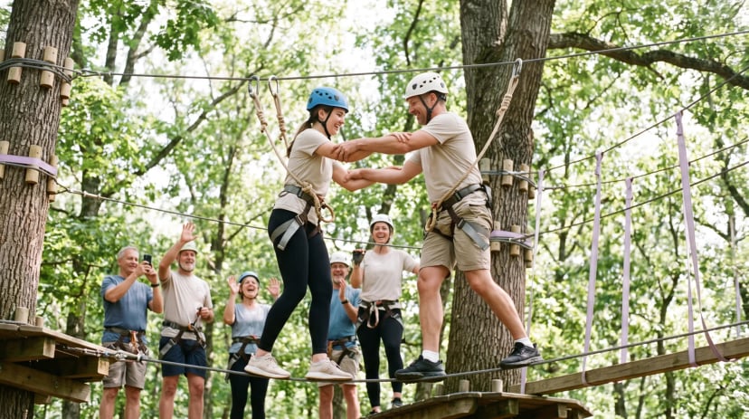 Gruppe im Hochseilgarten bei Köln, eine Person an der Zipline zwischen den Bäumen