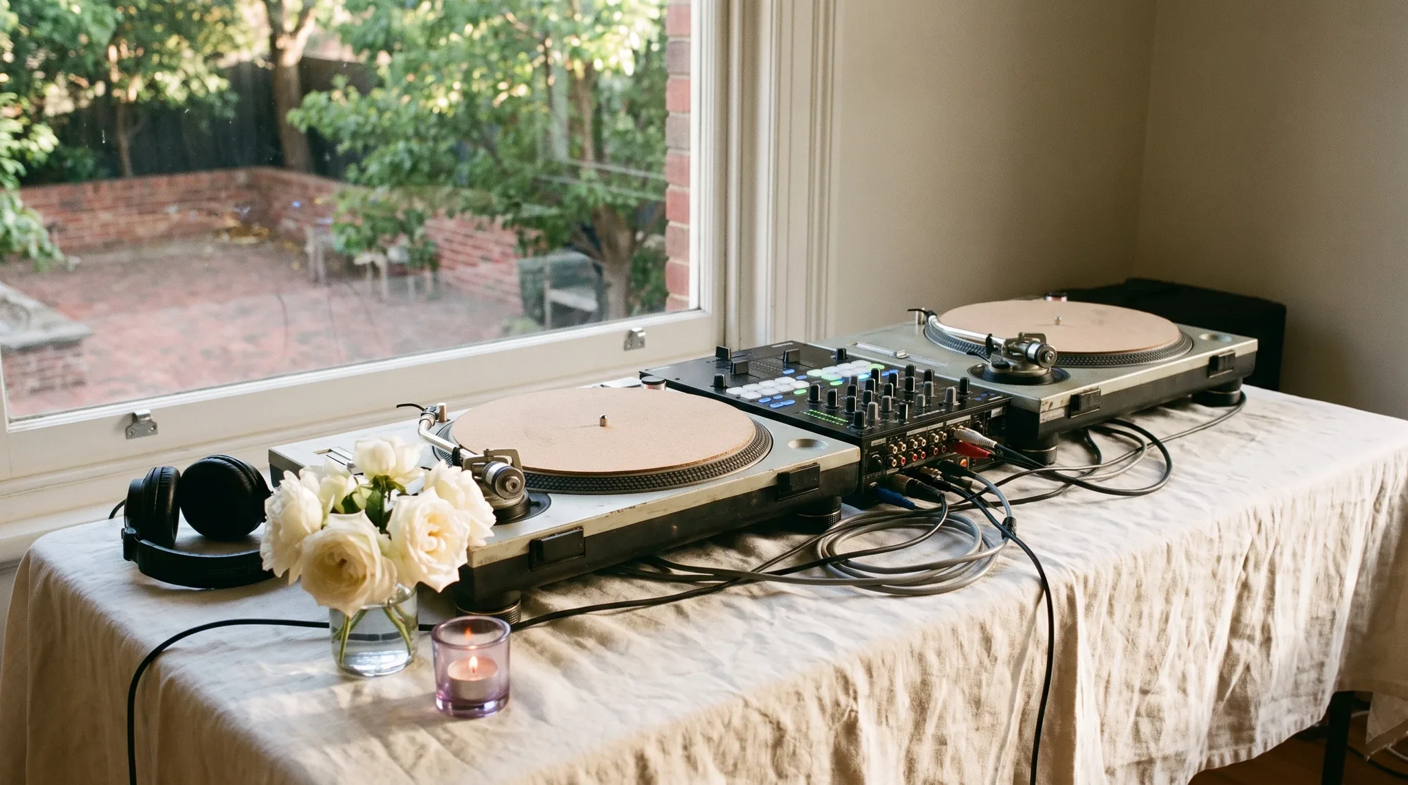 Hochzeits-DJ in Bonn: Zwei Plattenspieler und ein Mixer auf drapiertem Tisch, XLR-Kabel, blaue und bernsteinfarbene LED-Lichter, eine weiße Rose daneben.