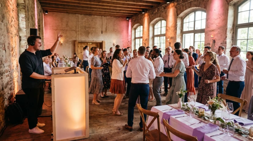 Hochzeits-DJ Bonn: DJ mit Kopfhörern an den Decks, tanzende Hochzeitsgäste in festlicher Kleidung, warmes Ambiente mit goldenen Lichteffekten.