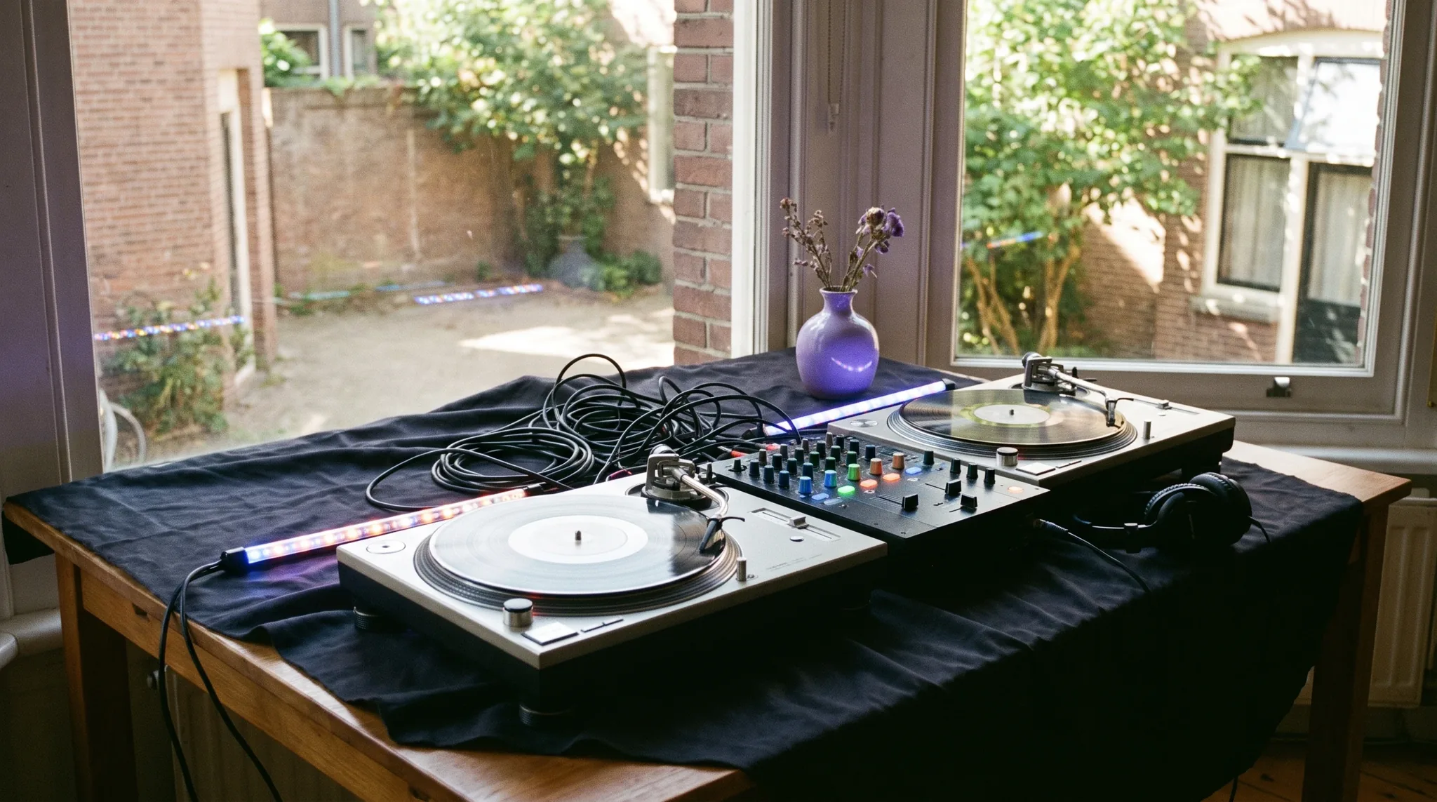 Hochzeits-DJ in Bornheim: DJ-Mixer mit leuchtenden Fadern, zwei überlappende Vinylplatten, Kopfhörer und Rosenblätter in Creme und Altrosa.