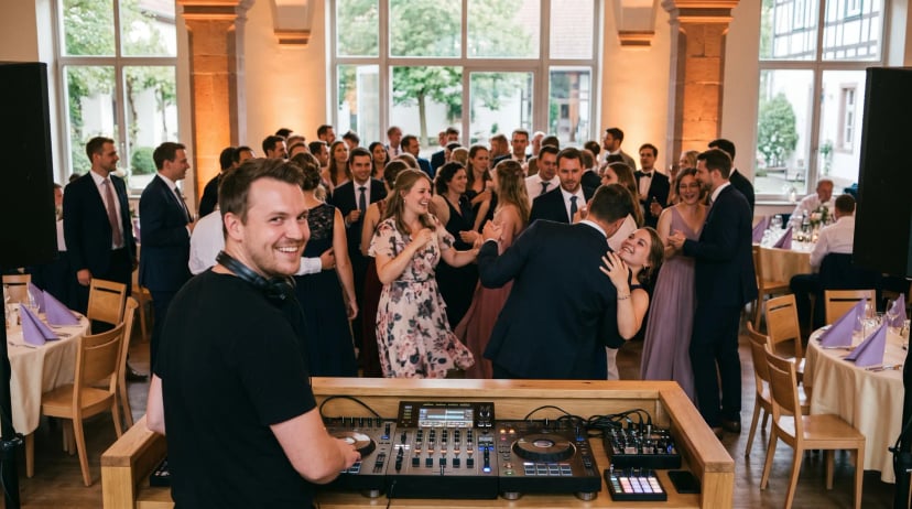 Hochzeits-DJ Bornheim: DJ mit Kopfhörern hinter einem Controller, tanzende Gäste verschiedener Generationen in warmem Umgebungslicht.