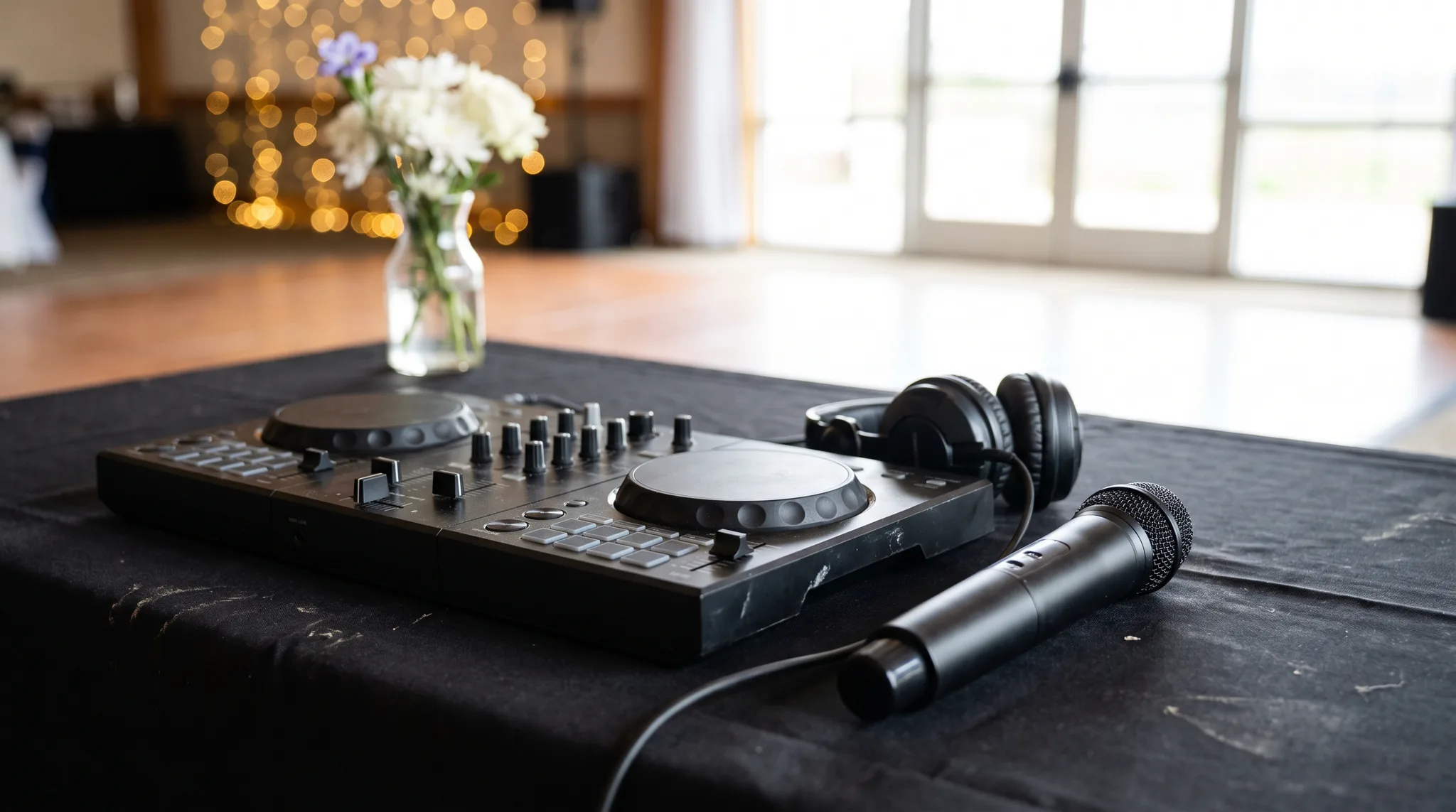 Hochzeits DJ Equipment: DJ-Controller, Kopfhörer und Funkmikrofon auf dem Pult, dahinter die geschmückte Tanzfläche