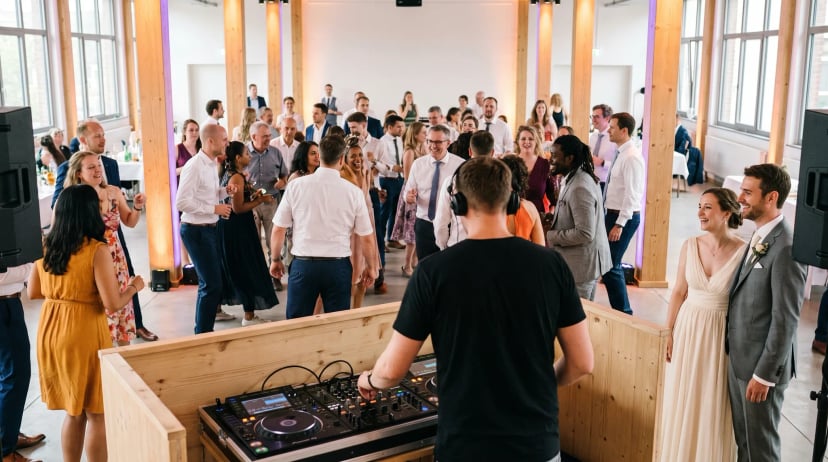 Hochzeits-DJ Köln: DJ mit Kopfhörern an professionellem Mischpult, warmes Bernstein- und Violettlicht.
