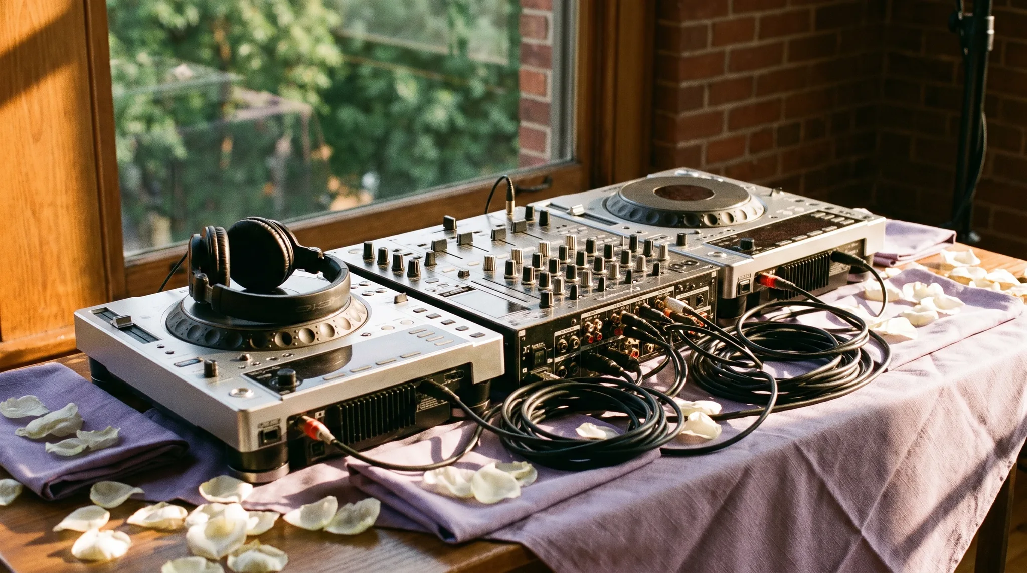 Hochzeits-DJ in Korschenbroich: Professionelles DJ-Equipment auf einem drapierten Tisch, Mixer, Plattenteller, bunte LED-Scheinwerfer in Bernstein und Violett.