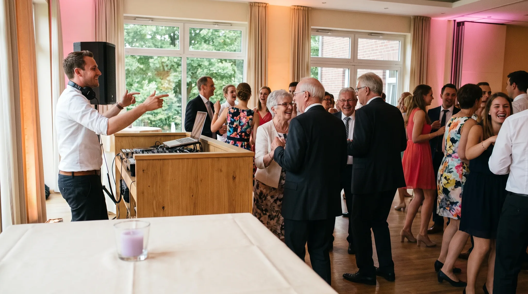 Hochzeits-DJ Korschenbroich: DJ mit Kopfhörern hinter einem leuchtenden Mischpult, tanzende Gäste in festlicher Kleidung unter farbigen Lichteffekten in einem.