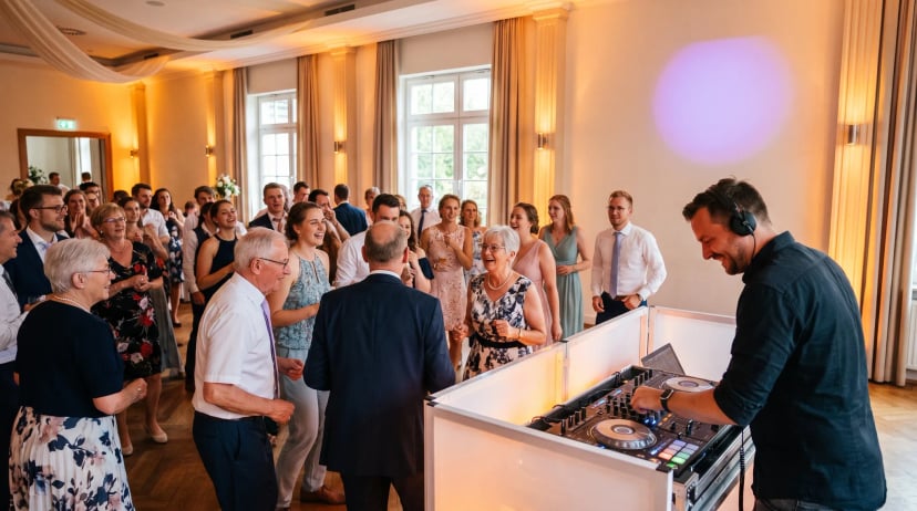 Hochzeits-DJ Pulheim: DJ mit Kopfhörern hinter dem Controller, Brautpaar tanzt freudig, Gäste verschiedener Generationen füllen die Tanzfläche in warmem Licht.