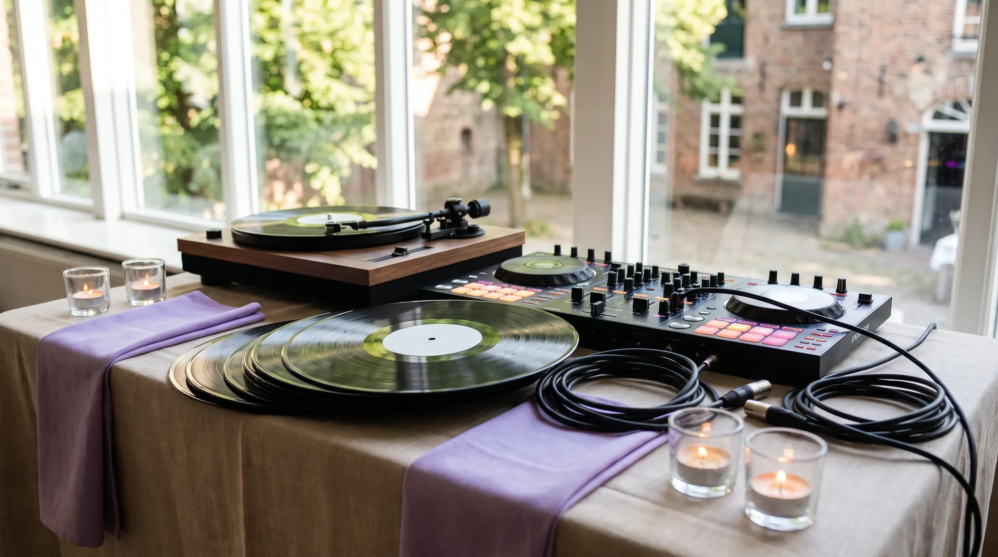 Hochzeits-DJ in Reichshof: Mixer mit leuchtenden LED-Fadern, Kopfhörer, weiße Rosenblätter und Kerzen in goldenen Haltern, warmes Seitenlicht, kein Text.