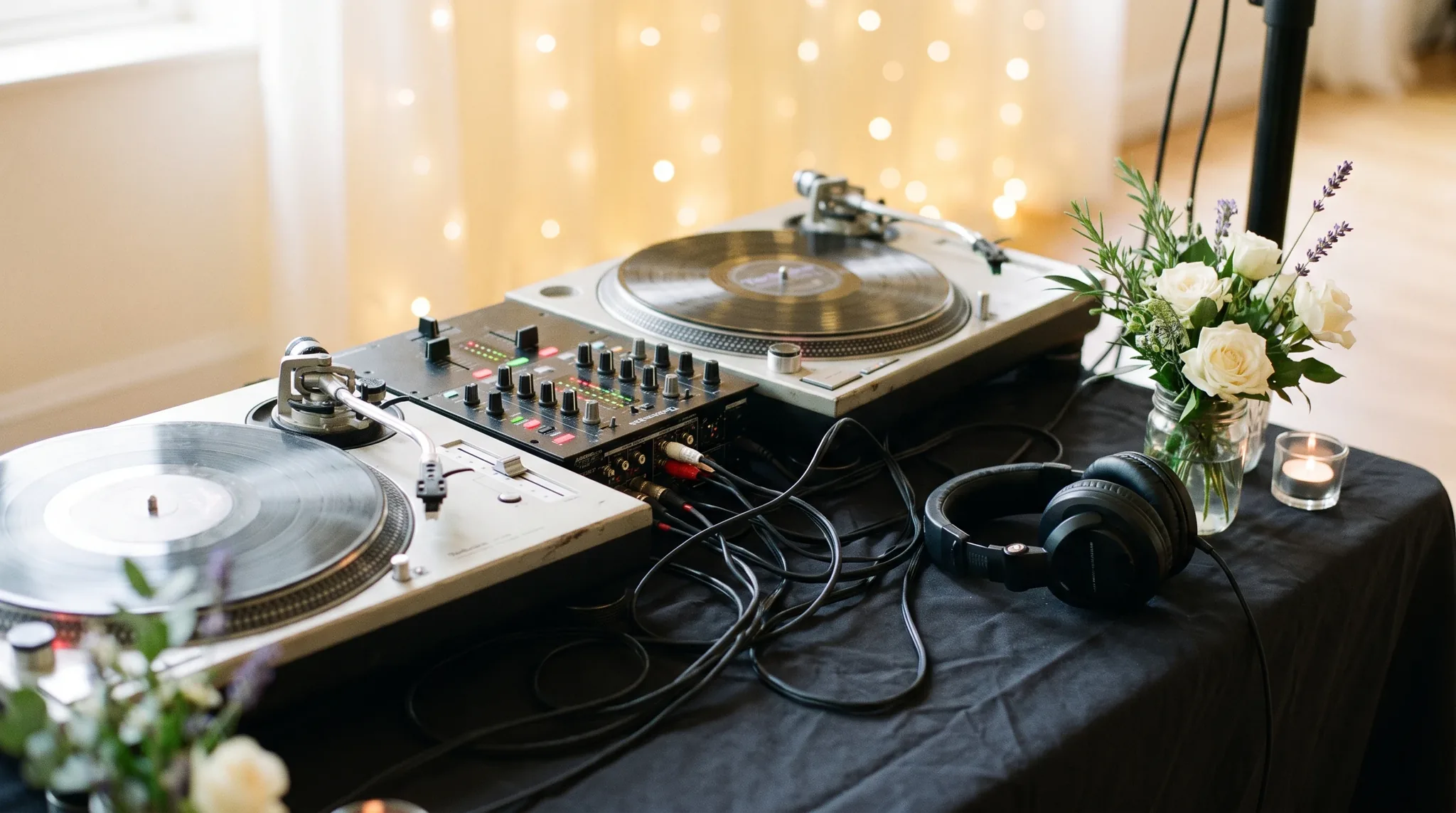 Hochzeits-DJ in Rheinbach: Nahaufnahme von DJ-Equipment auf dunkler Oberfläche, zwei Plattenteller, Mixer mit leuchtenden Fadern.
