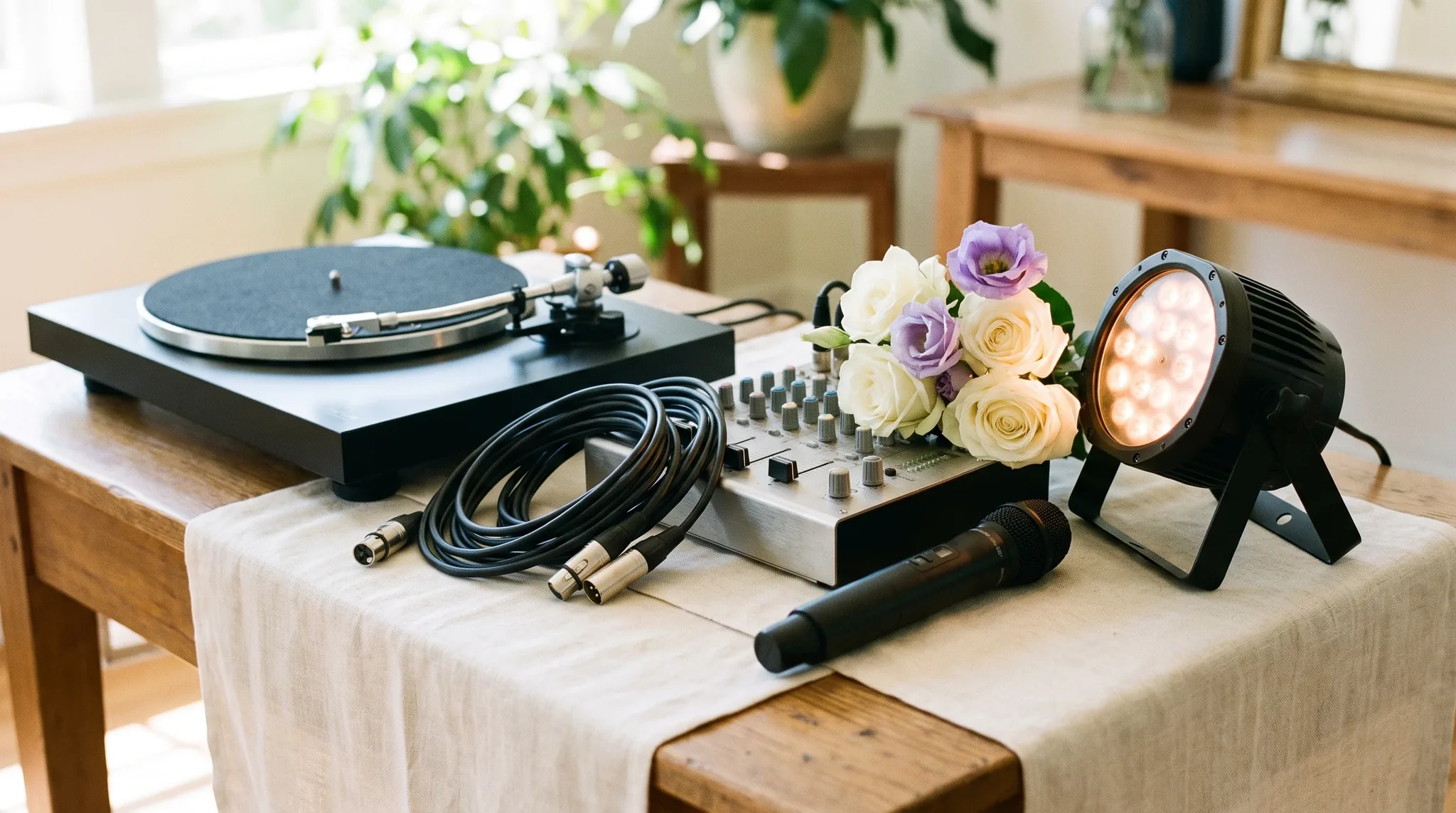 Hochzeits-DJ in Siegburg: Zwei Plattenspieler, Mixer mit leuchtenden LED-Anzeigen, Kopfhörer und eine kleine Vase weißer Rosen auf dem DJ-Pult.