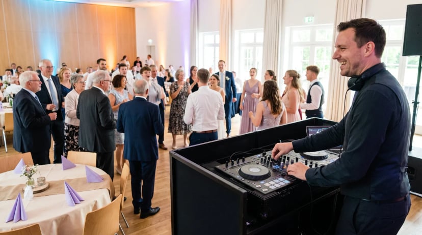 Hochzeits-DJ Siegburg: DJ mit Kopfhörern an den Decks, tanzende Gäste in festlicher Kleidung, Brautpaar sichtbar in der Menge, warmes Licht.
