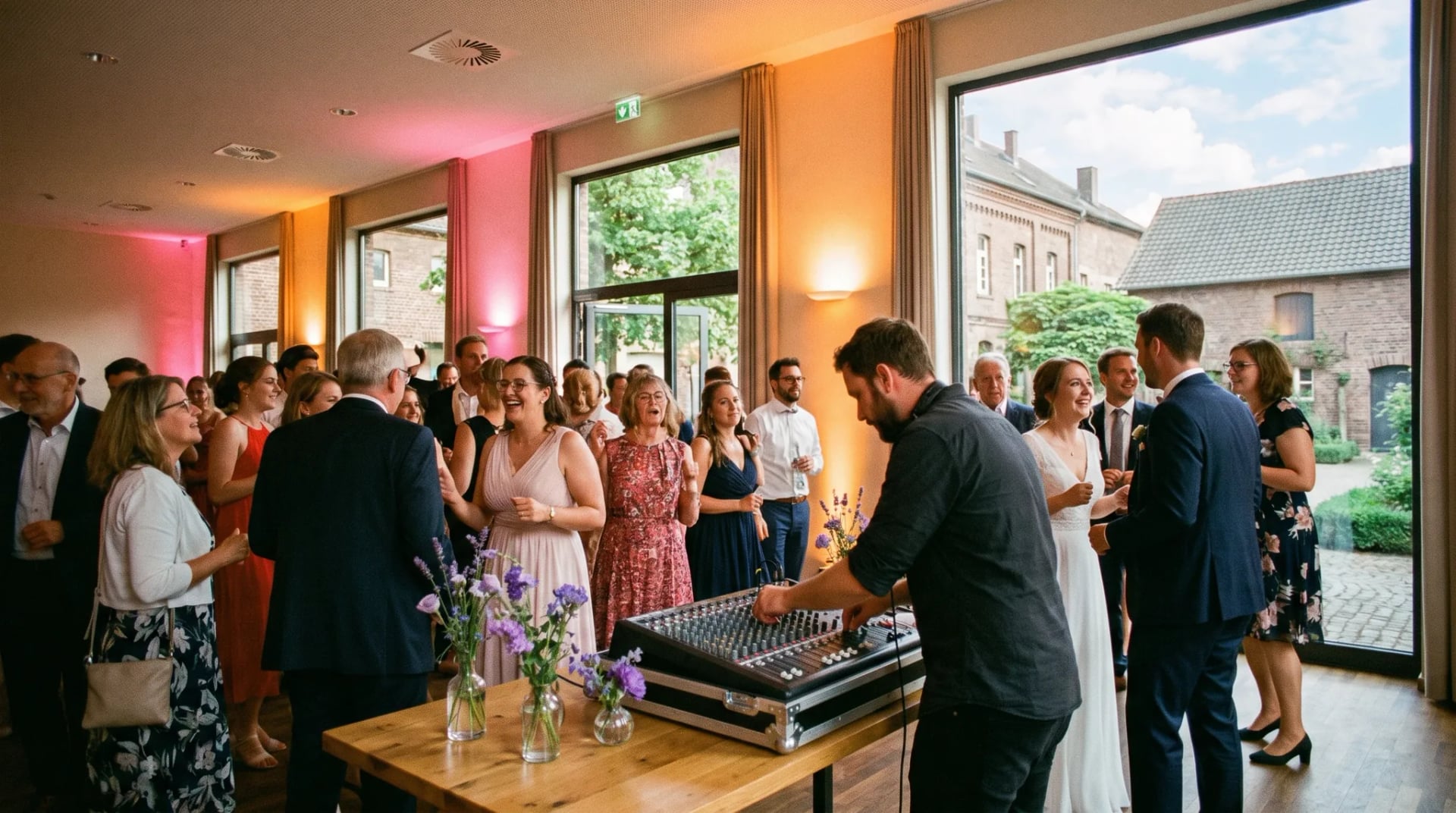 Hochzeits-DJ Troisdorf: DJ hinter professionellem Controller und Lautsprechern, Gäste in Festkleidung tanzen und lachen auf der Tanzfläche.