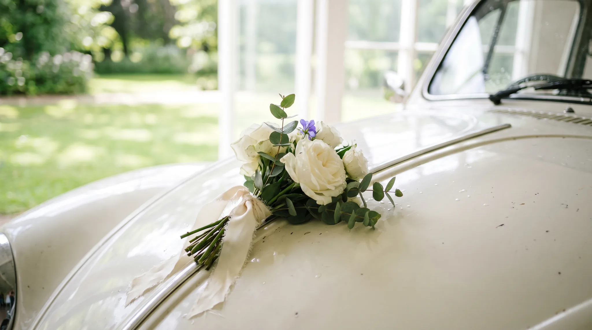 Hochzeitsauto Detail: Blumengesteck mit weißen Rosen und Schleife auf der Motorhaube eines cremefarbenen Oldtimers