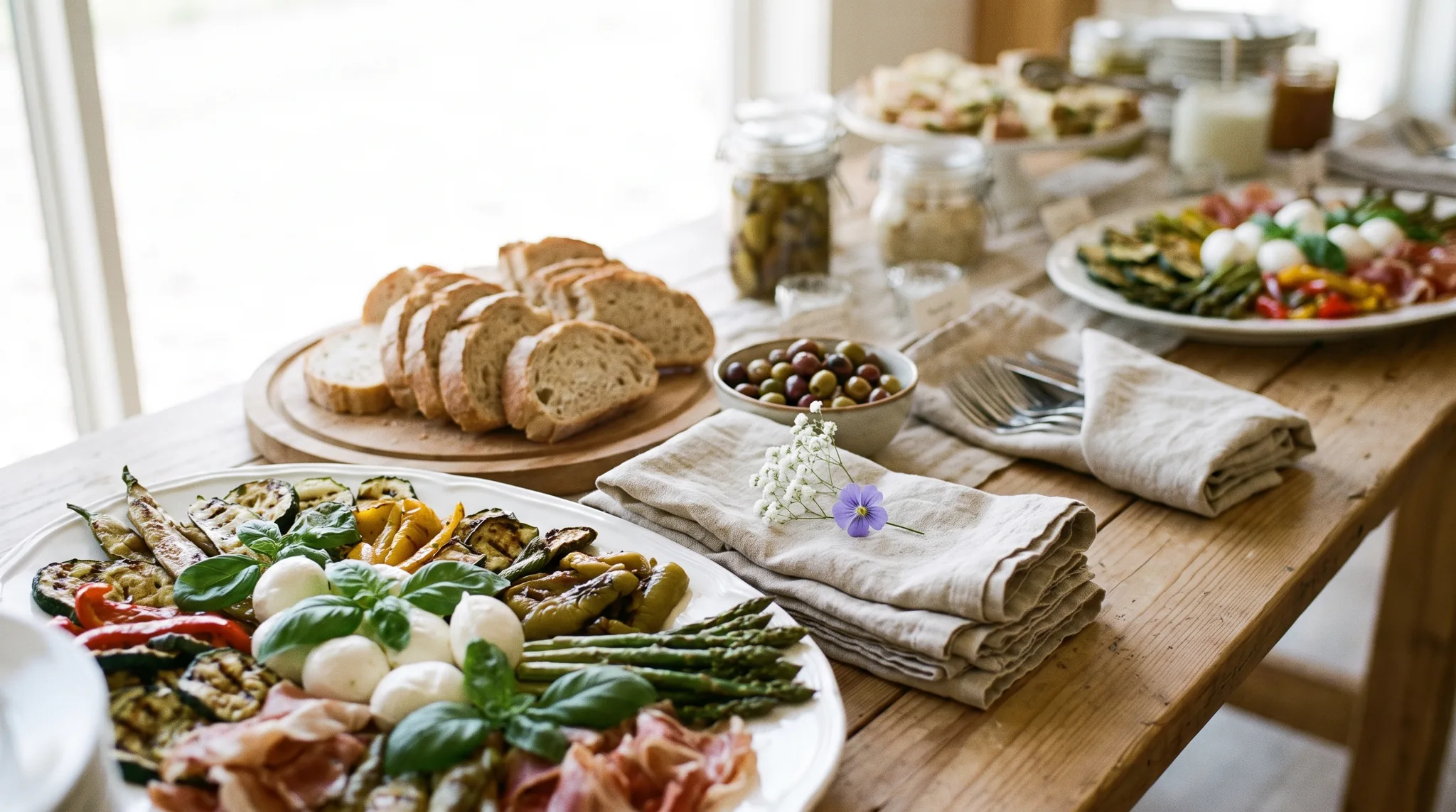 Hochzeitsbuffet im Detail: Antipasti mit gegrilltem Gemüse, Brot, Oliven und Leinenservietten auf einem Holztisch