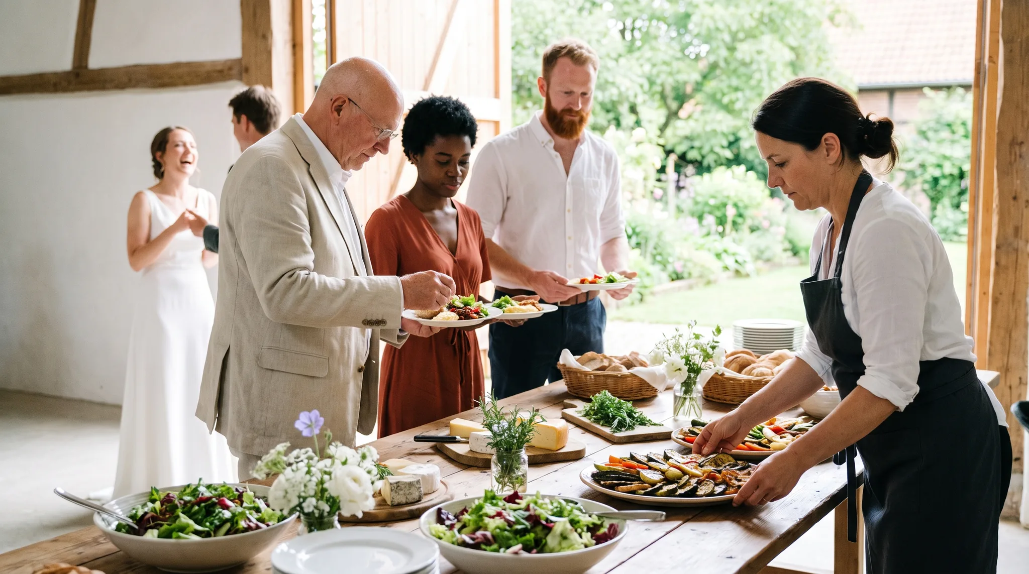 Catering auf der Hochzeit: Köchin richtet das Hochzeitsbuffet mit Salaten und gegrilltem Gemüse an, Gäste nehmen sich Teller