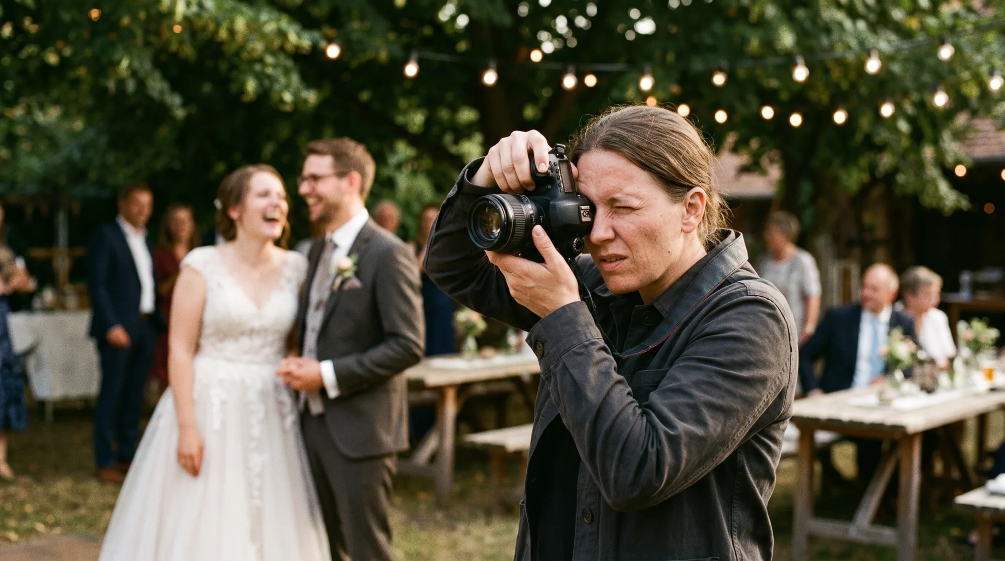 Hochzeitsfotograf fotografiert Brautpaar bei der Trauung im Freien