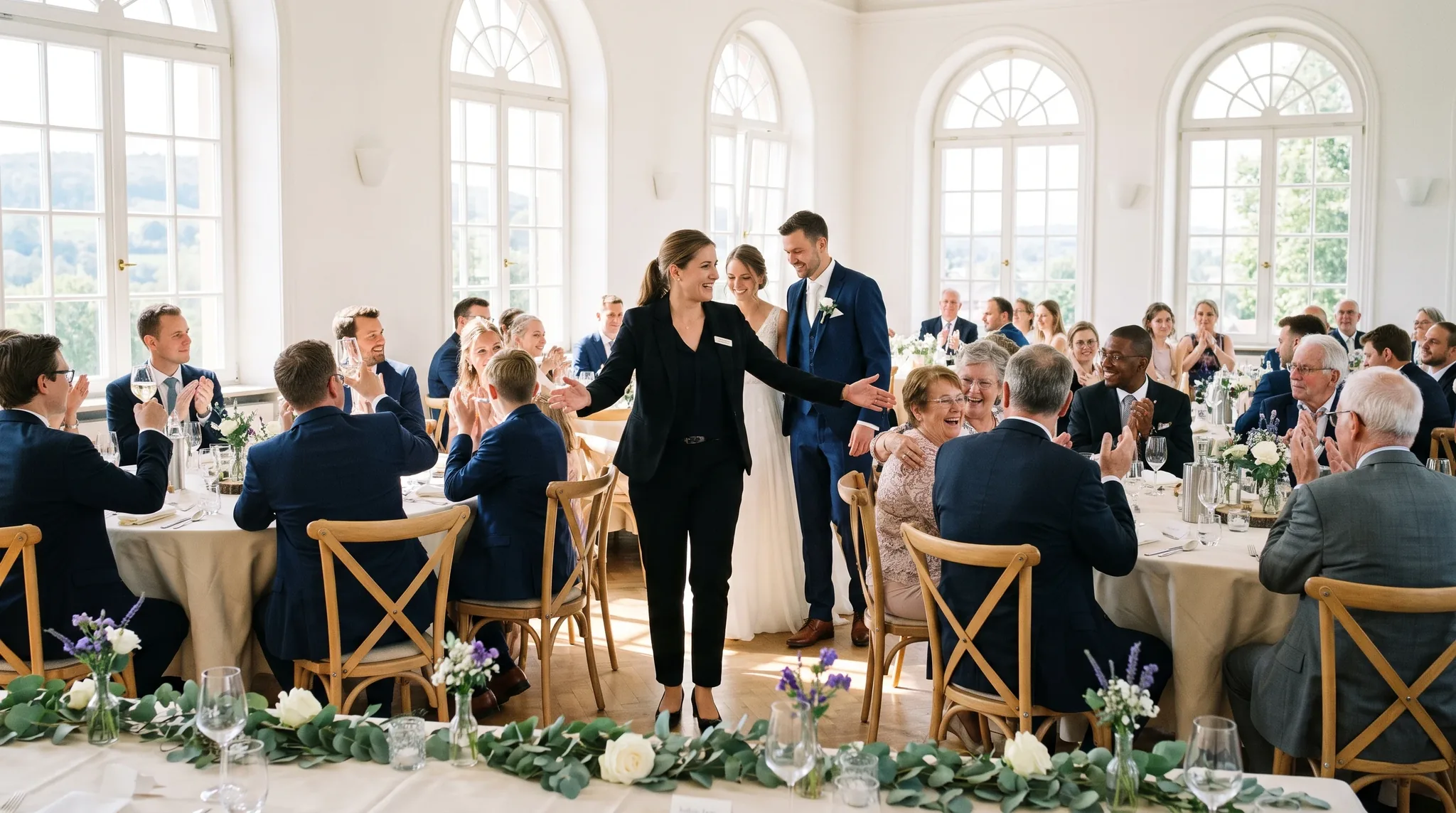 Hochzeitslocation Alfter: festlich gedeckte Tische in einem eleganten Saal, Gäste stoßen lachend an, warmes Kerzenlicht und hohe Blumengestecke im Hintergrund.