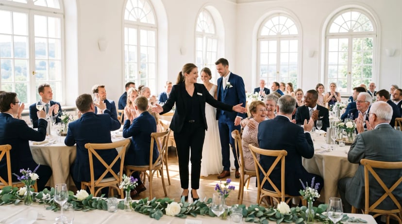 Hochzeitslocation Alfter: festlich gedeckte Tische in einem eleganten Saal, Gäste stoßen lachend an, warmes Kerzenlicht und hohe Blumengestecke im Hintergrund.