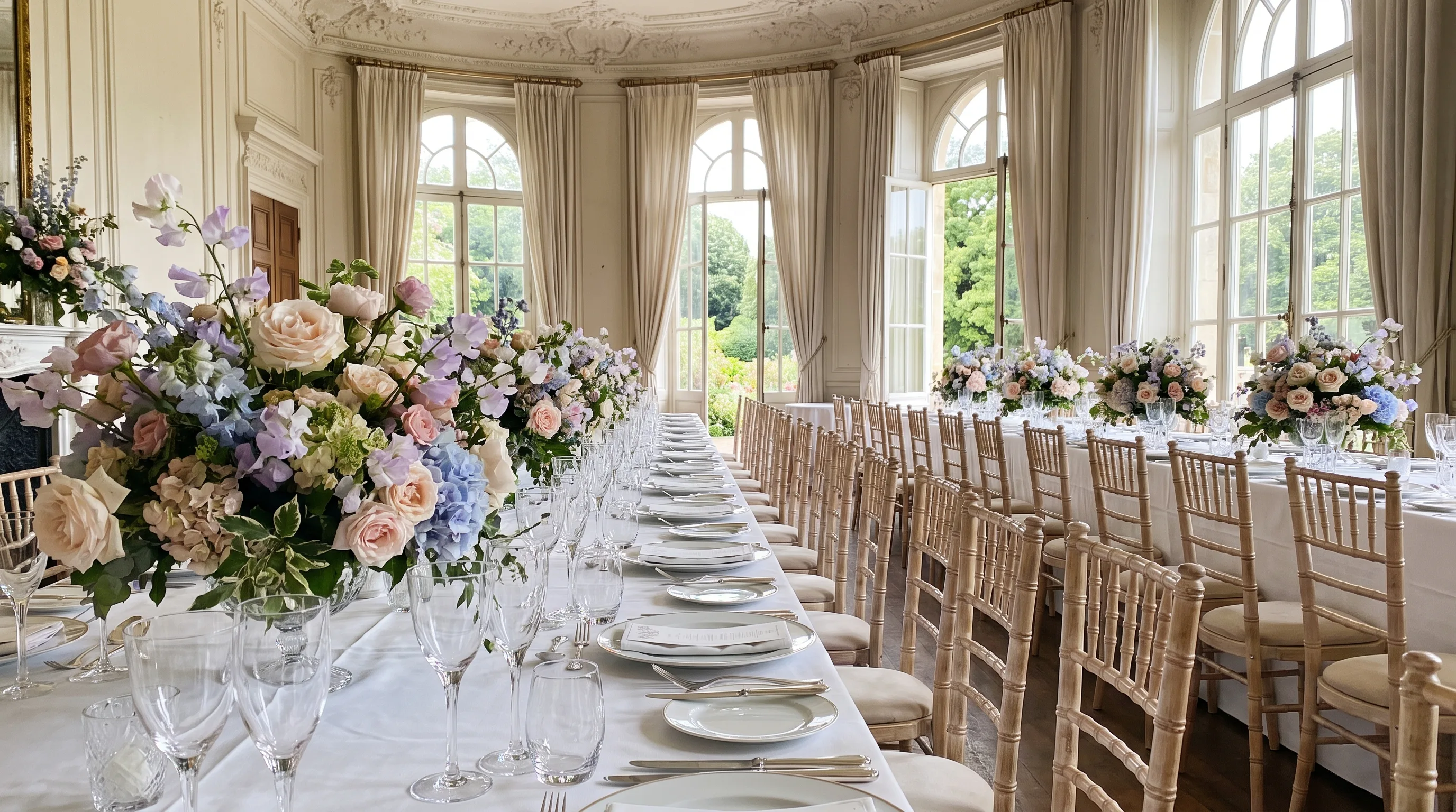 Elegante Hochzeitstafel im klassischen Saal mit Stuckdecke und Gartenblick, Beispiel für eine Hochzeitslocation in Bonn