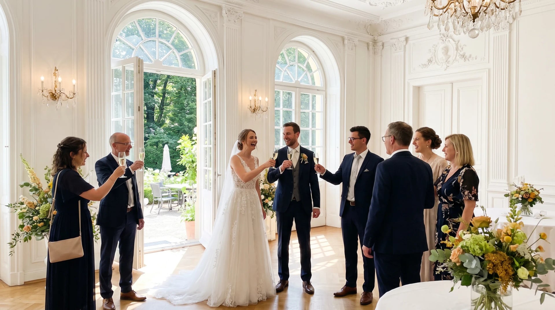 Hochzeitsgesellschaft stößt im Stucksaal einer klassischen Villa mit Gartenblick an, Beispiel für eine Hochzeitslocation in Bonn