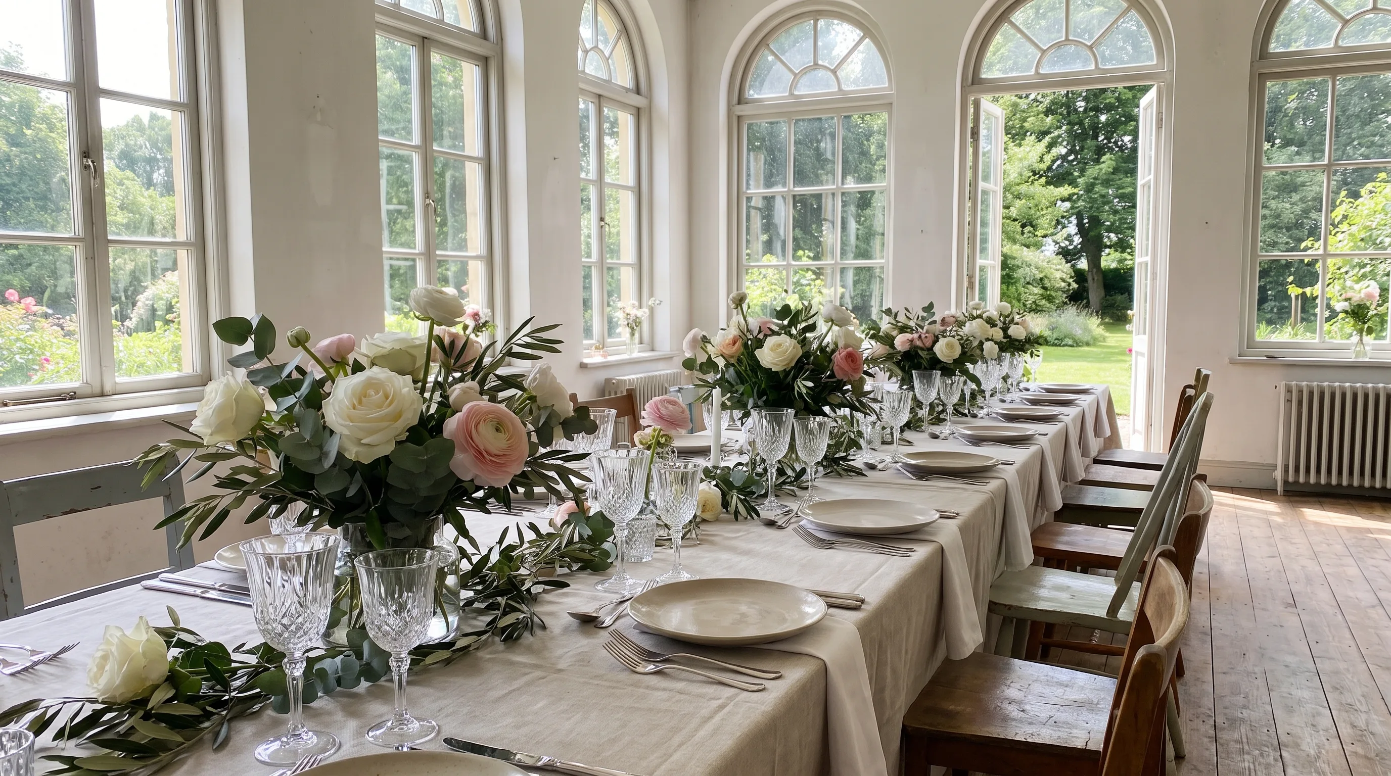 Hochzeitstafel in einem lichtdurchfluteten Saal mit Gartenblick, Beispiel für eine Hochzeitslocation
