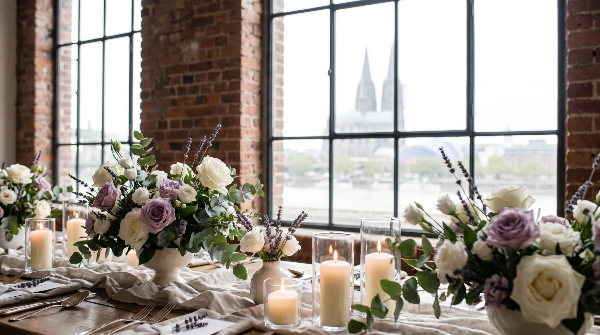 Festliche Hochzeitstafel im Kölner Loft mit Blick auf den Dom