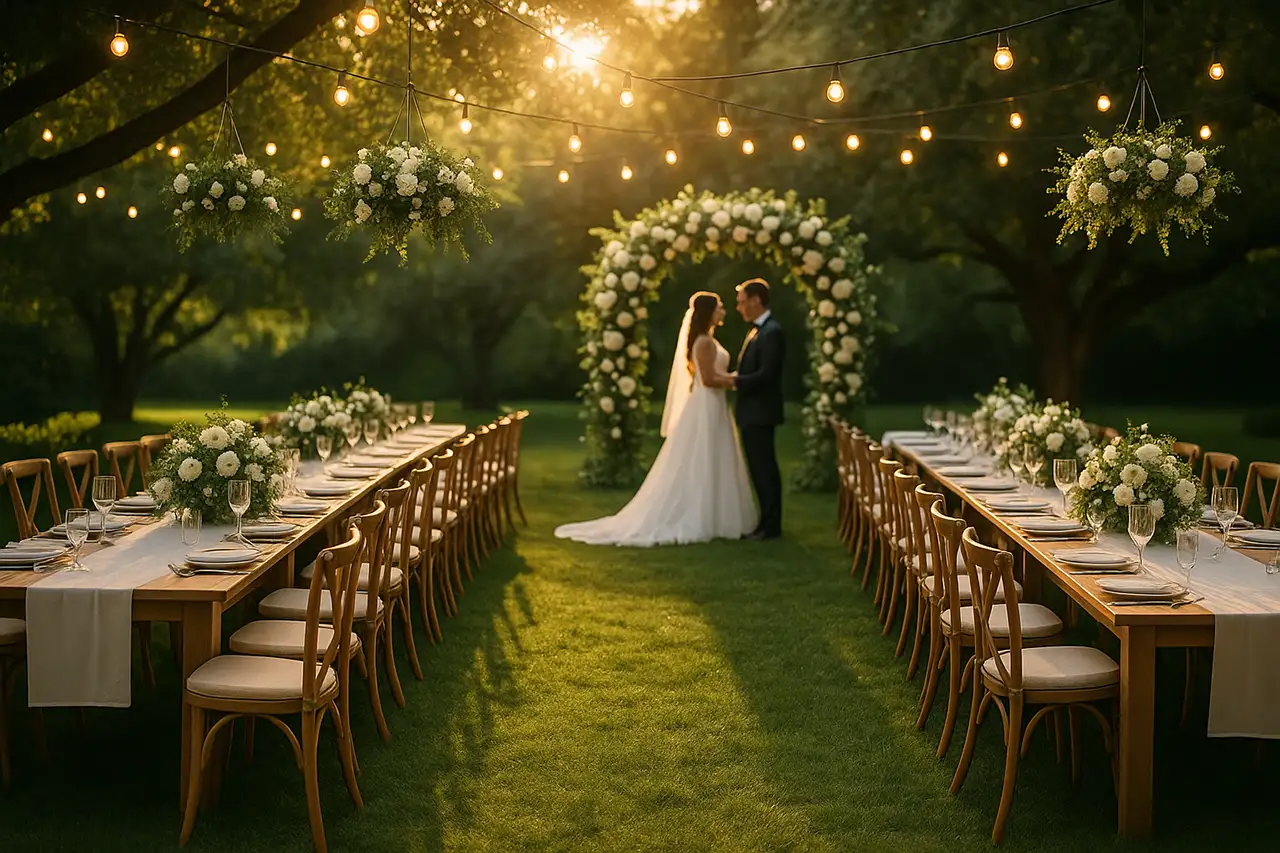 Festlich gedeckter Tisch mit Blumen in einer Hochzeitslocation in Much