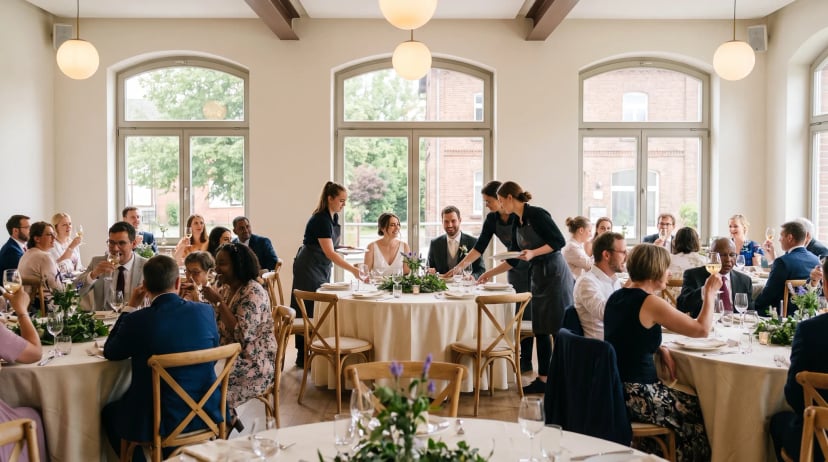 Hochzeitslocation Remagen: festlicher Empfangssaal mit Kronleuchter, runden Tischen mit Blumengestecken und lachenden Gästen beim Anstoßen