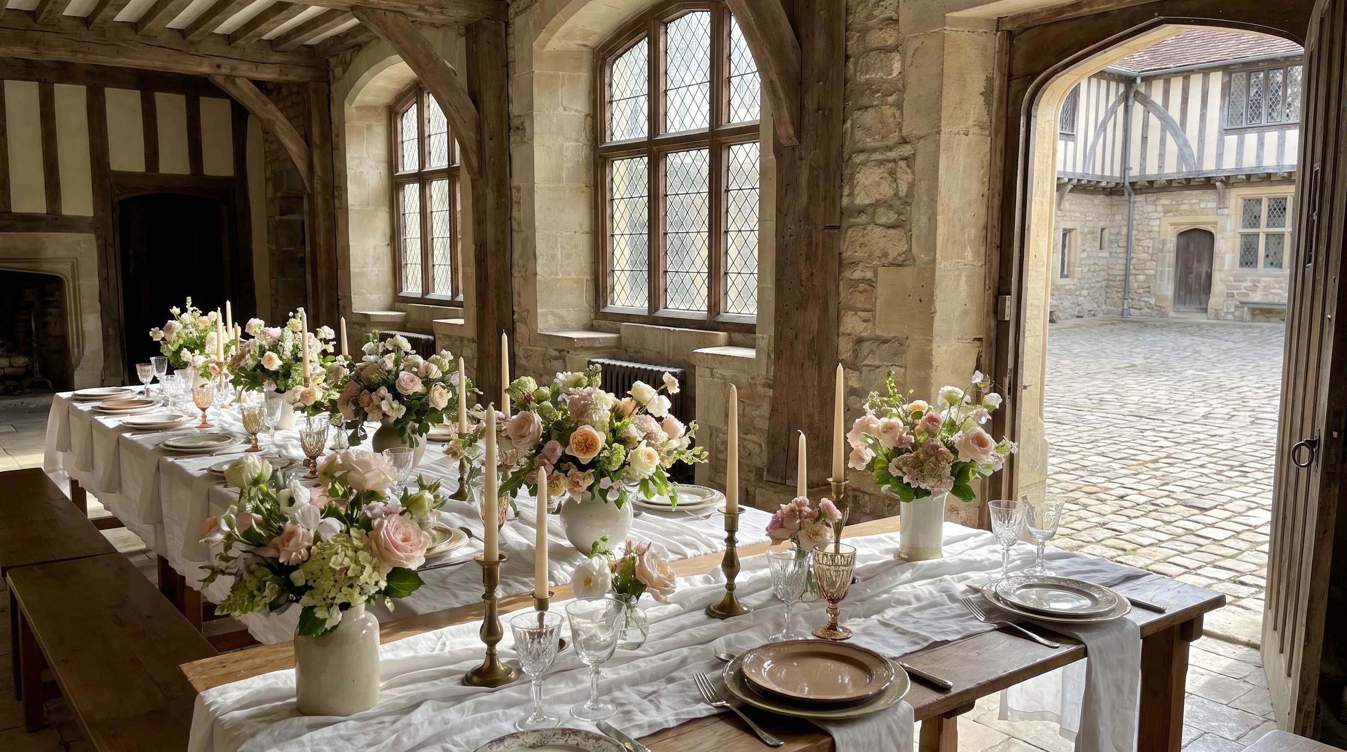 Festliche Hochzeitstafel in einem rustikal-eleganten Saal, Beispiel für eine Hochzeitslocation in Siegburg