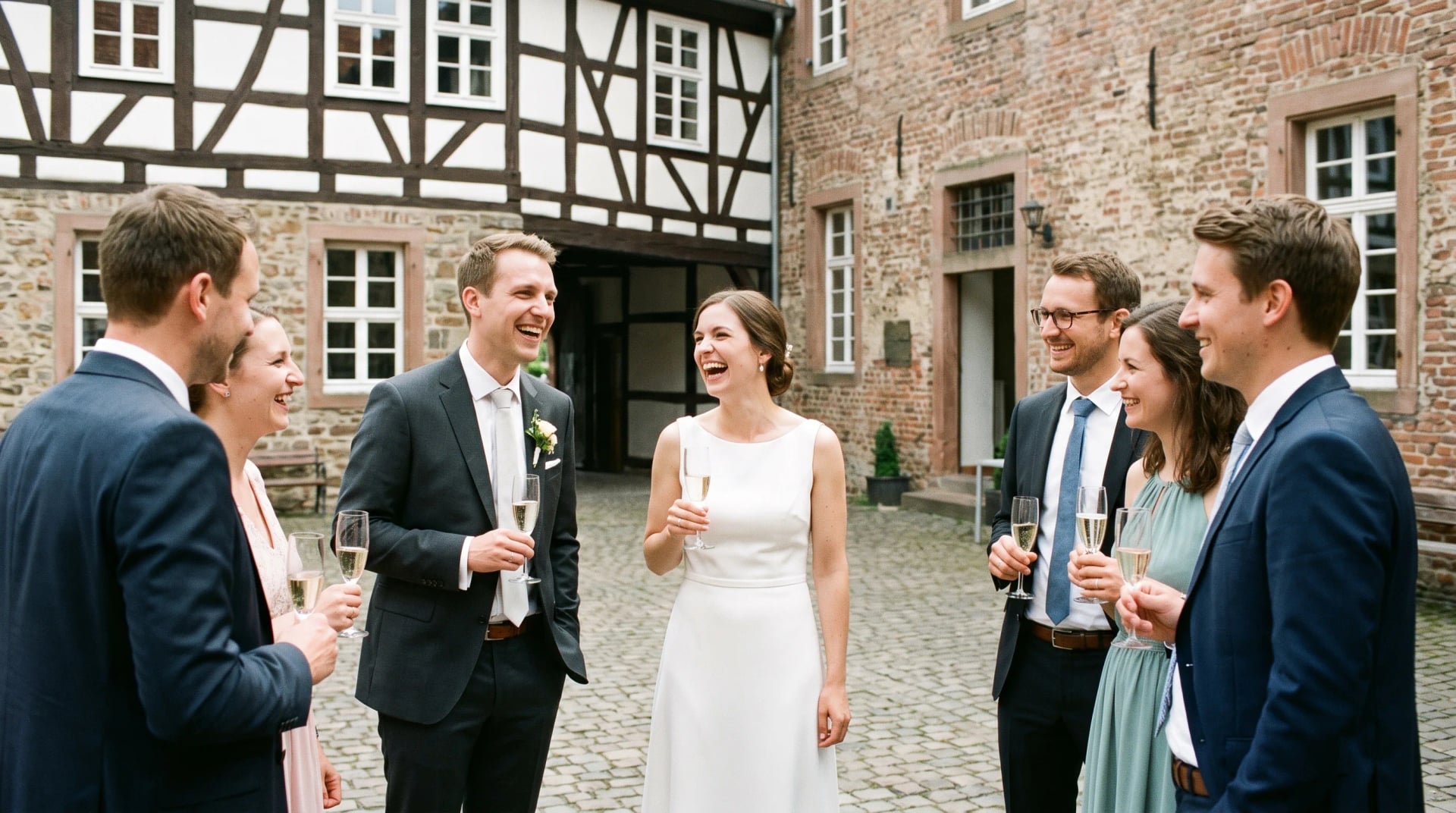 Brautpaar lacht mit Gästen beim Sektempfang in einem Fachwerk-Innenhof, Beispiel für eine Hochzeitslocation in Siegburg
