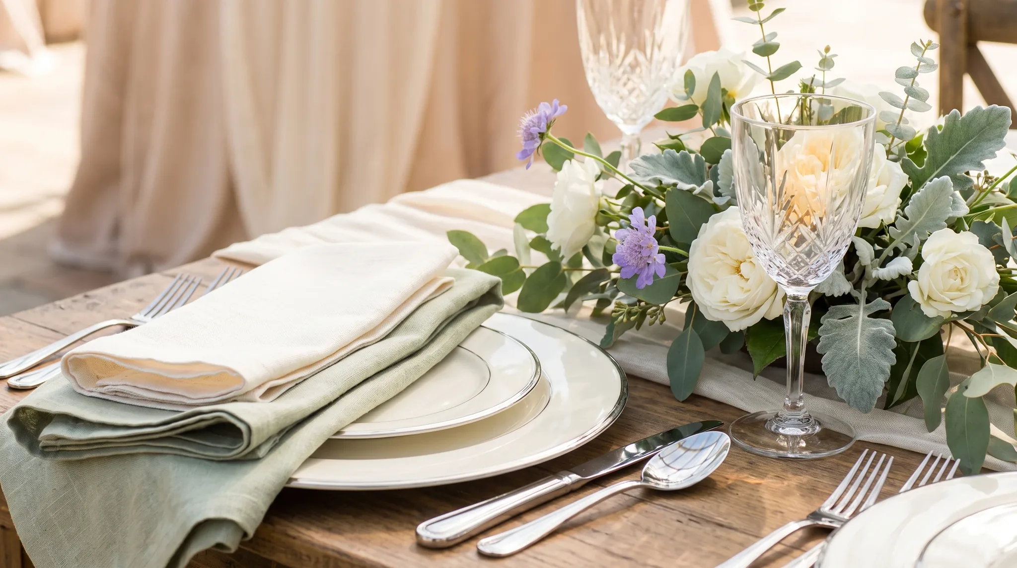Hochzeitslocation in Troisdorf: Stillleben mit Kristallglas, weißer Kerze, Rosenblüten in Creme und Rosé sowie elegantem Besteck auf weißem Leinenüberwurf.