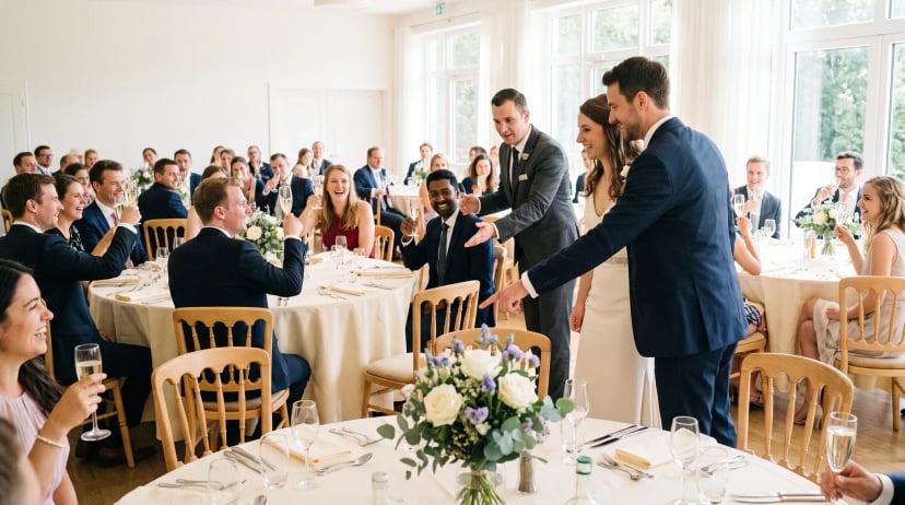 Hochzeitslocation Troisdorf: festlich gedeckte Tische mit Blumengestecken und Kerzen, Gäste stoßen lachend mit Champagner an beim goldenen Abendlicht.