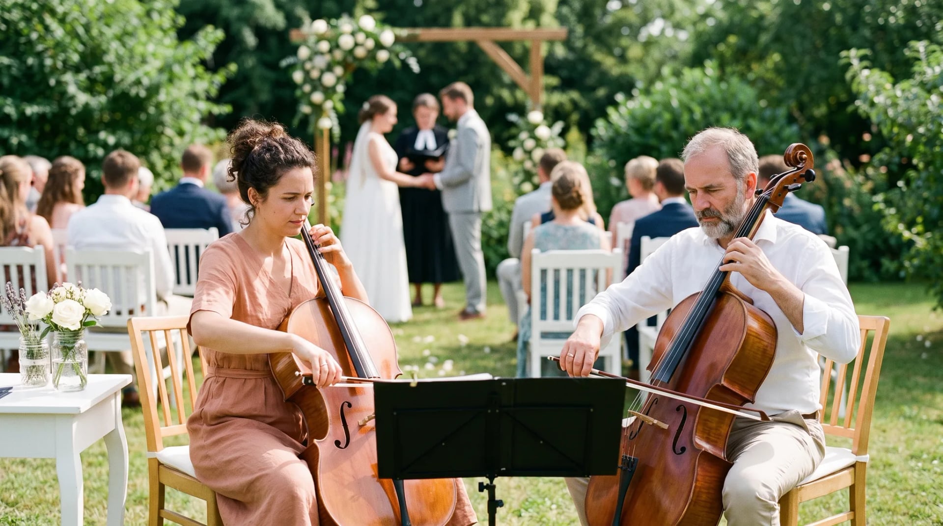 Musiker für die Hochzeit: Cello-Duo spielt bei der Trauung im Garten, im Hintergrund steht das Brautpaar unscharf am Blumenbogen vor den Gästen