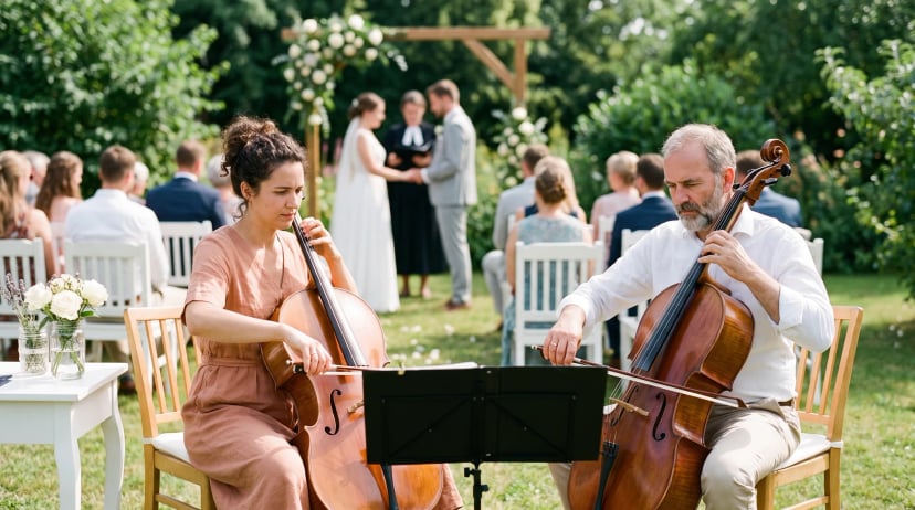 Musiker für die Hochzeit: Cello-Duo spielt bei der Trauung im Garten, im Hintergrund steht das Brautpaar unscharf am Blumenbogen vor den Gästen