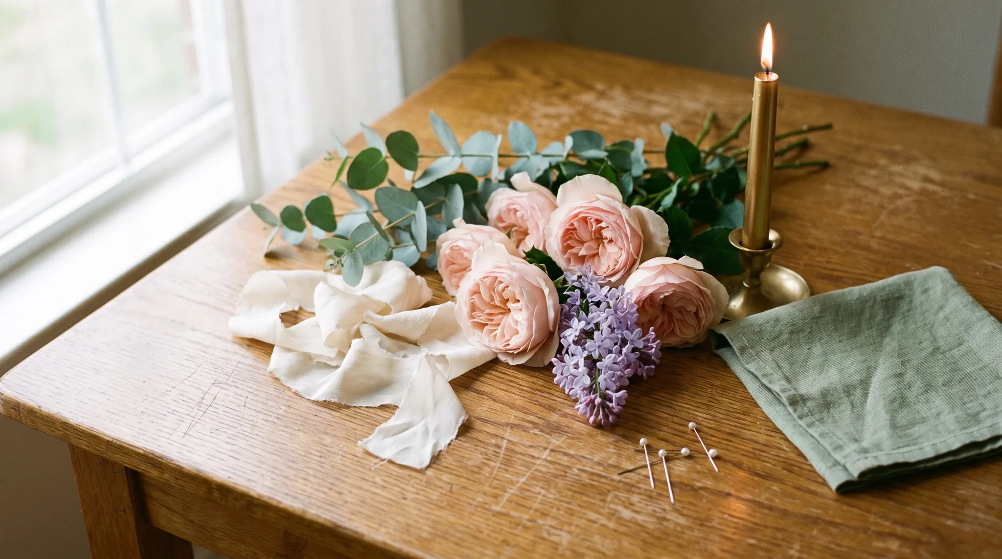 Hochzeitsplaner in Bad Honnef: Flach-Lay mit cremefarbenen Pfingstrosen, gefalteten Dupioniseidenbändern, vergoldetem Kerzenhalter.
